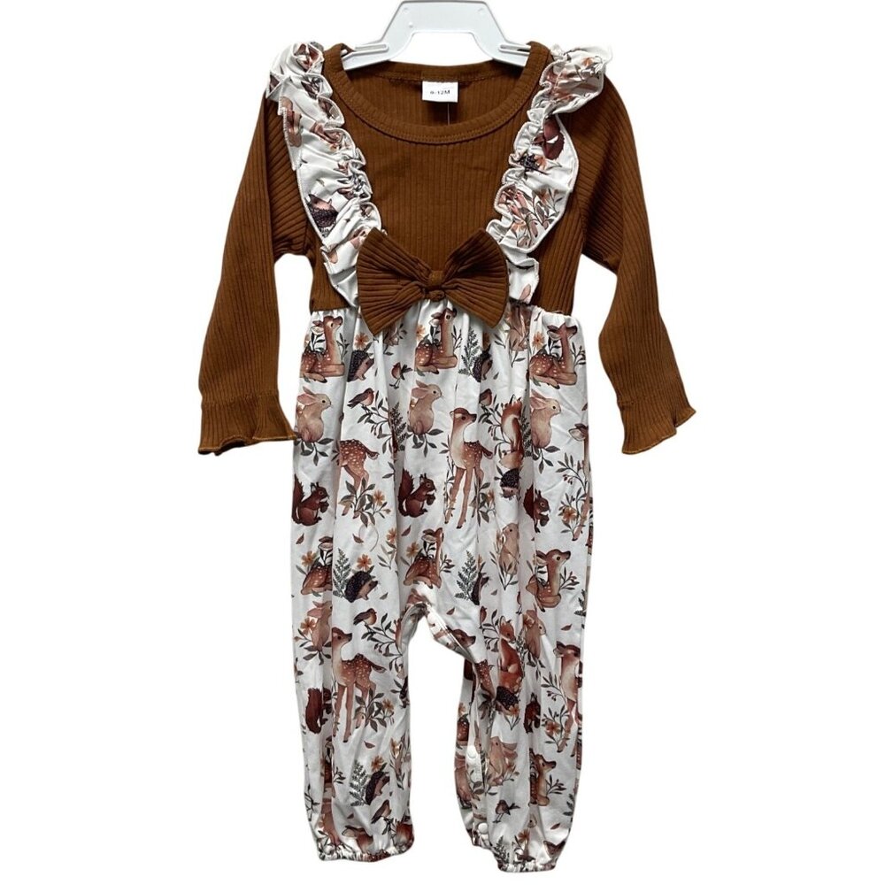 Girl's Ruffle Romper Long Sleeve Deer Print Brown/White 9-12 months